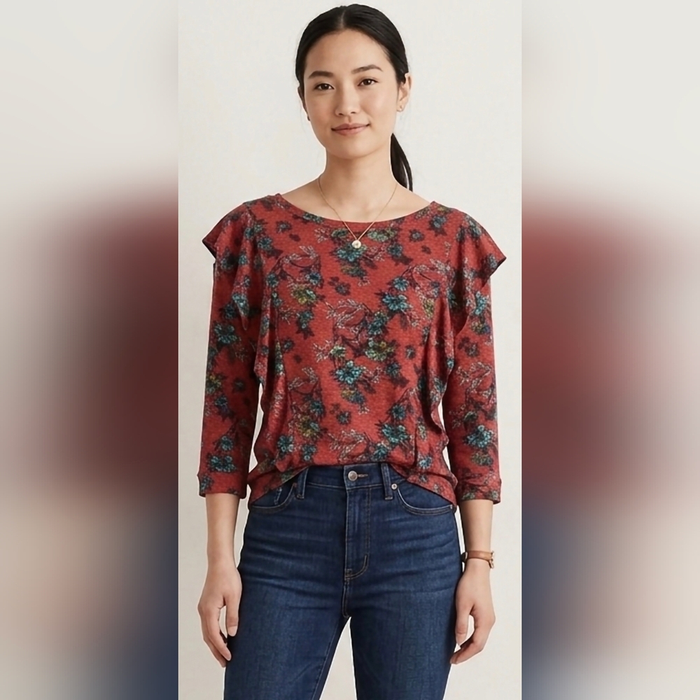 Free People Women Top Blouse Size Large Long Ruffle Sleaves Crew Neck